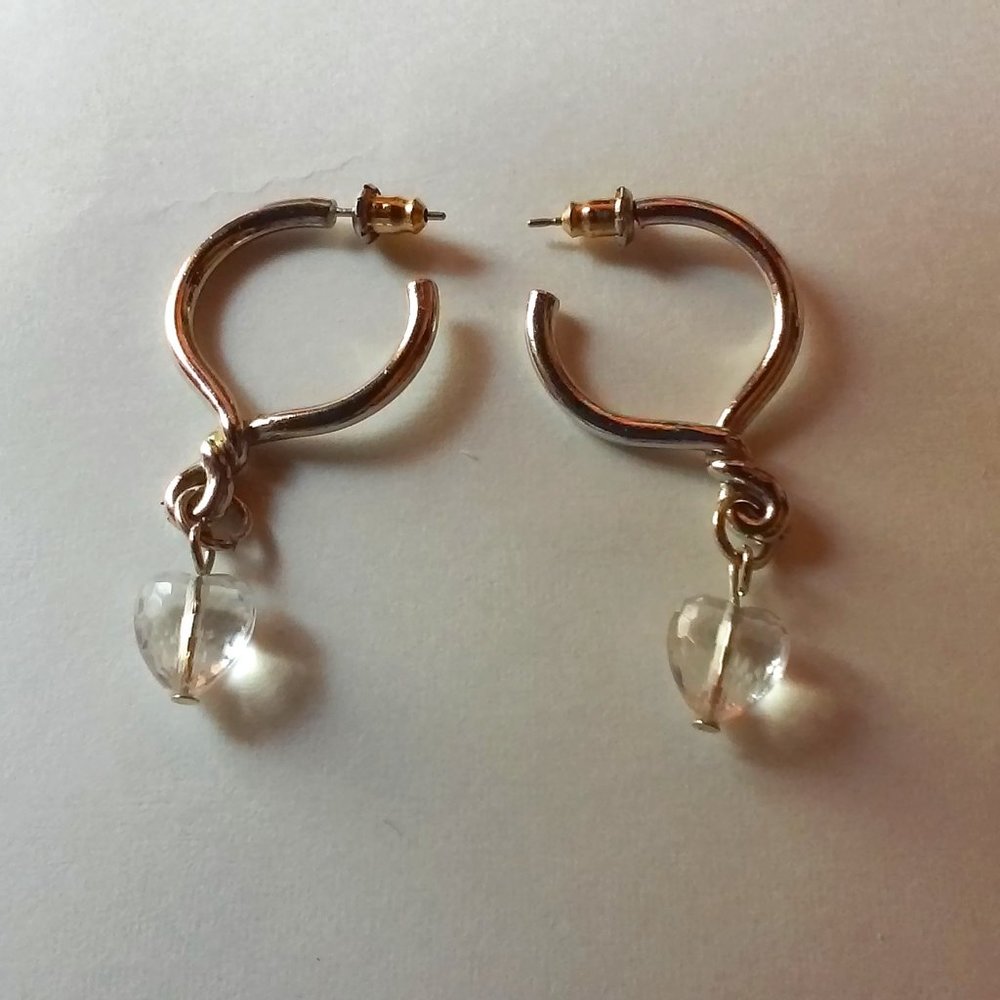 Silver Pierced Earrings Hoop & Clear Heart Stone Hangs 1 3/4"